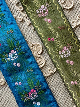 Load image into Gallery viewer, Antique French Ribbon With Ombre Flowers Indigo or Olive