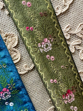 Load image into Gallery viewer, Antique French Ribbon With Ombre Flowers Indigo or Olive