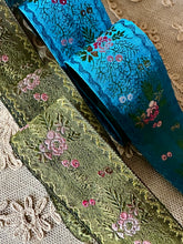 Load image into Gallery viewer, Antique French Ribbon With Ombre Flowers Indigo or Olive
