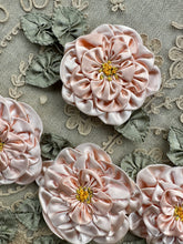 Load image into Gallery viewer, Pink Satin Wild Rose Ribbon Flowers with Ruffled Silk Leaves