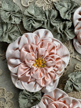 Load image into Gallery viewer, Pink Satin Wild Rose Ribbon Flowers with Ruffled Silk Leaves