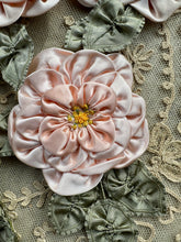 Load image into Gallery viewer, Pink Satin Wild Rose Ribbon Flowers with Ruffled Silk Leaves