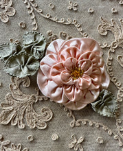 Load image into Gallery viewer, Pink Satin Wild Rose Ribbon Flowers with Ruffled Silk Leaves