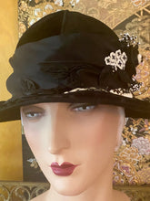 Load image into Gallery viewer, Black Satin and Velvet Antique Hat