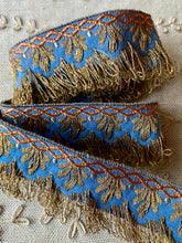 Load image into Gallery viewer, Blue Antique Trim with Gold, Silver & Copper Metal Threads