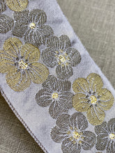 Load image into Gallery viewer, French Brocade Vintage Ribbon in Silver Grey with Golden Cherry Blossoms