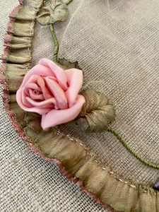 Antique Hand Made Silk Satin Ribbon Work Roses Buds