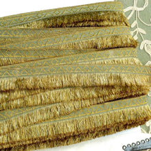 Load image into Gallery viewer, Antique French Gold Metal & Sage Green Woven Trim With Fringe