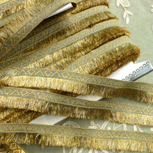 Load image into Gallery viewer, Antique French Gold Metal & Sage Green Woven Trim With Fringe