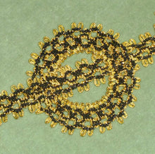 Load image into Gallery viewer, Vintage Gold Tinsel & Silky Black Embroidered Trim