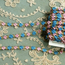 Load image into Gallery viewer,  Antique French Rococo Pink & Blue Floss and Gold Metal Trim      12 Inches