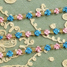 Load image into Gallery viewer,  Antique French Rococo Pink & Blue Floss and Gold Metal Trim      12 Inches