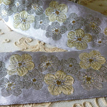 Load image into Gallery viewer, French Brocade Vintage Ribbon in Silver Grey with Golden Cherry Blossoms
