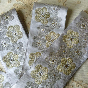 Vintage French Brocade Silver Grey With Golden Cherry Blossoms