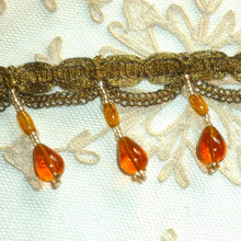 Load image into Gallery viewer, Amber Glass & Gold Metal Beaded Trim Circa 1920's