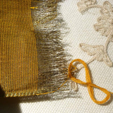 Load image into Gallery viewer, Antique Brass Metal Warp and Marigold Cotton Weft Ribbon