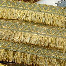 Load image into Gallery viewer, Antique French Gold Metal & Sage Green Woven Trim With Fringe