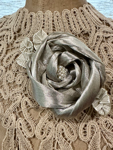 Antique Silver Metal Ribbon Rose Corsage