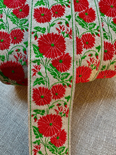 Vintage Silver Metallic and Red Flowered Ribbon