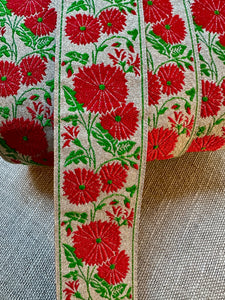 Vintage Silver Metallic and Red Flowered Ribbon