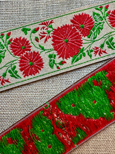 Vintage Silver Metallic and Red Flowered Ribbon