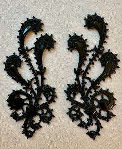 Antique Jet Glass and Beaded Applique Pair