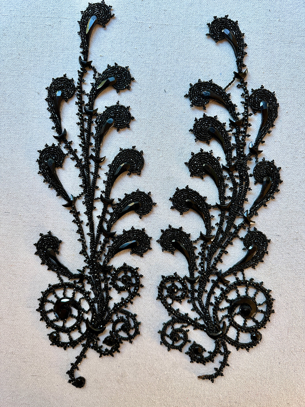 Antique Jet Glass and Beaded Applique Pair