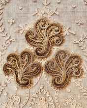 Load image into Gallery viewer, Set of Nine Antique Glass Beaded Gold Cord Appliques Metal Lace Fillings