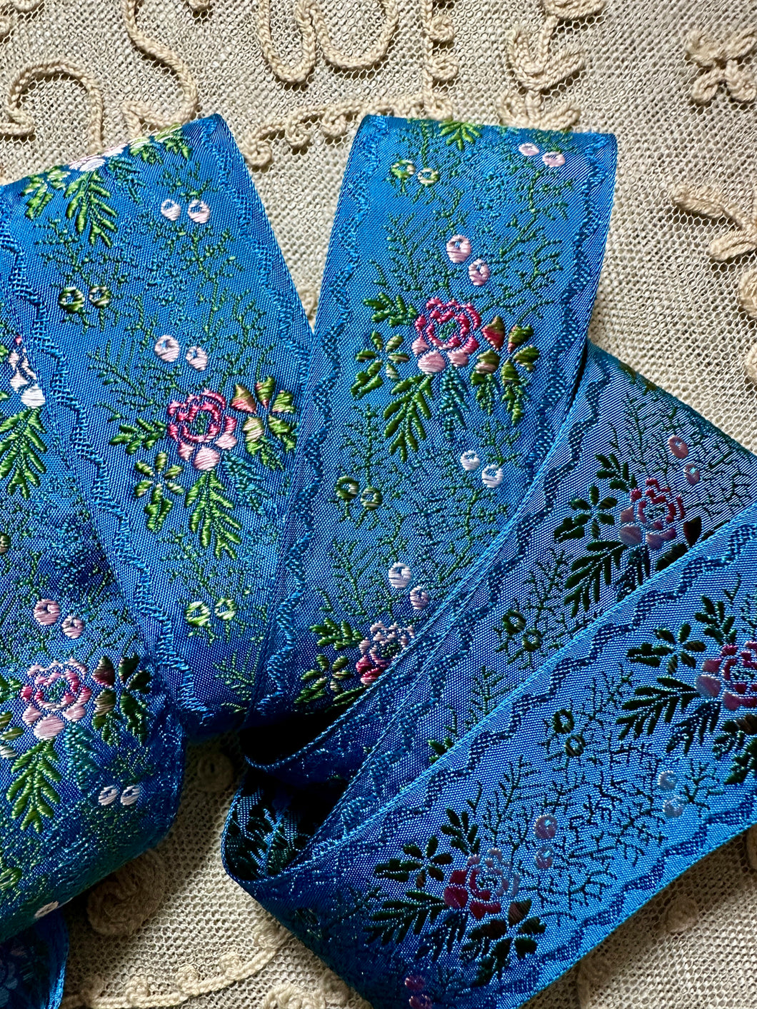 Antique French Indigo Blue Ribbon With Ombre Flowers