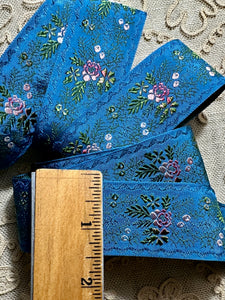 Antique French Indigo Blue Ribbon With Ombre Flowers