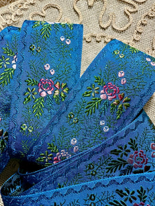 Antique French Indigo Blue Ribbon With Ombre Flowers