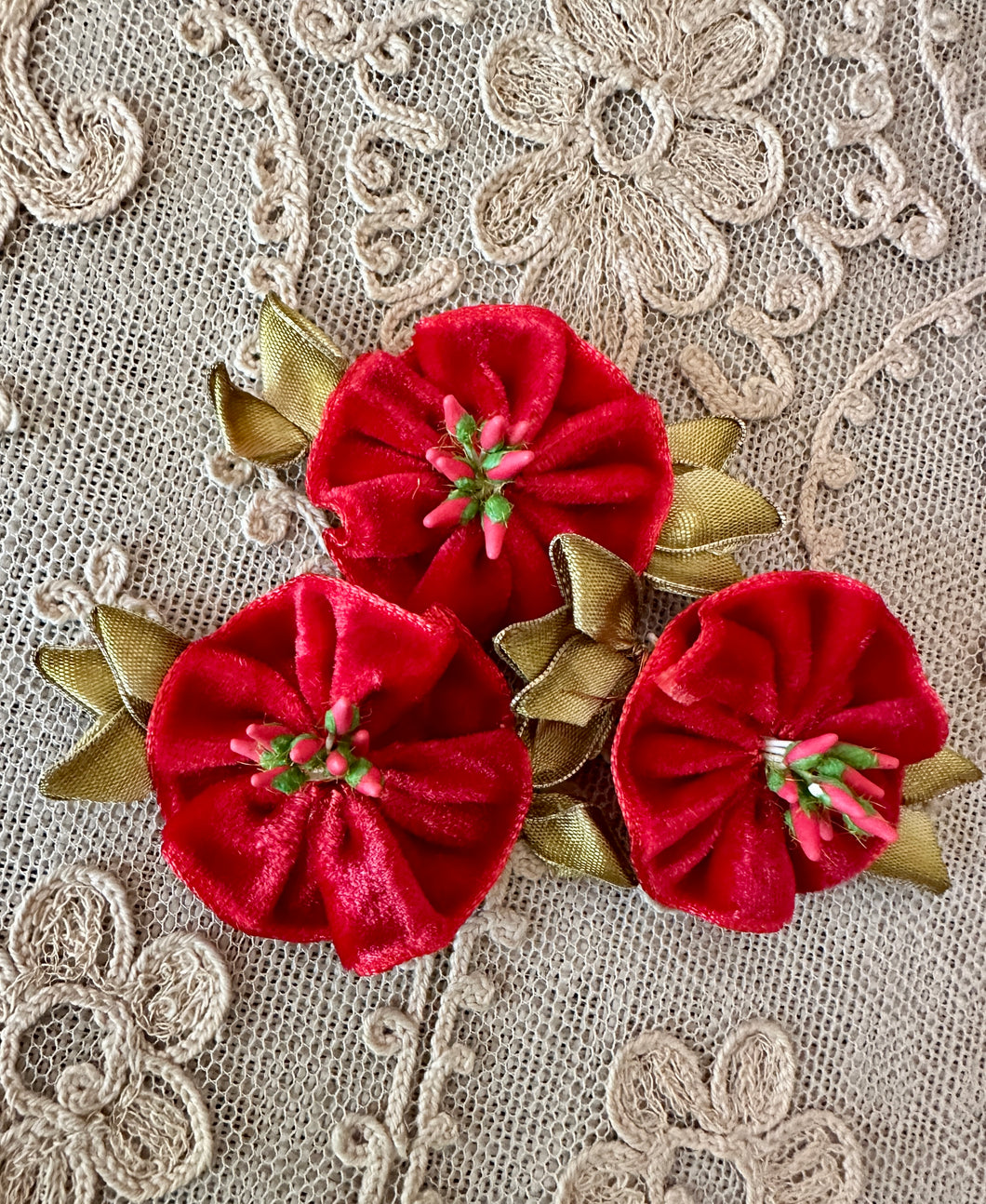 Antique Ribbon Work Velvet Flower Applique