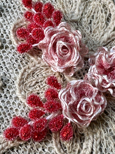 Three Antique Hand Made Rose and Glass Buds Embellishments