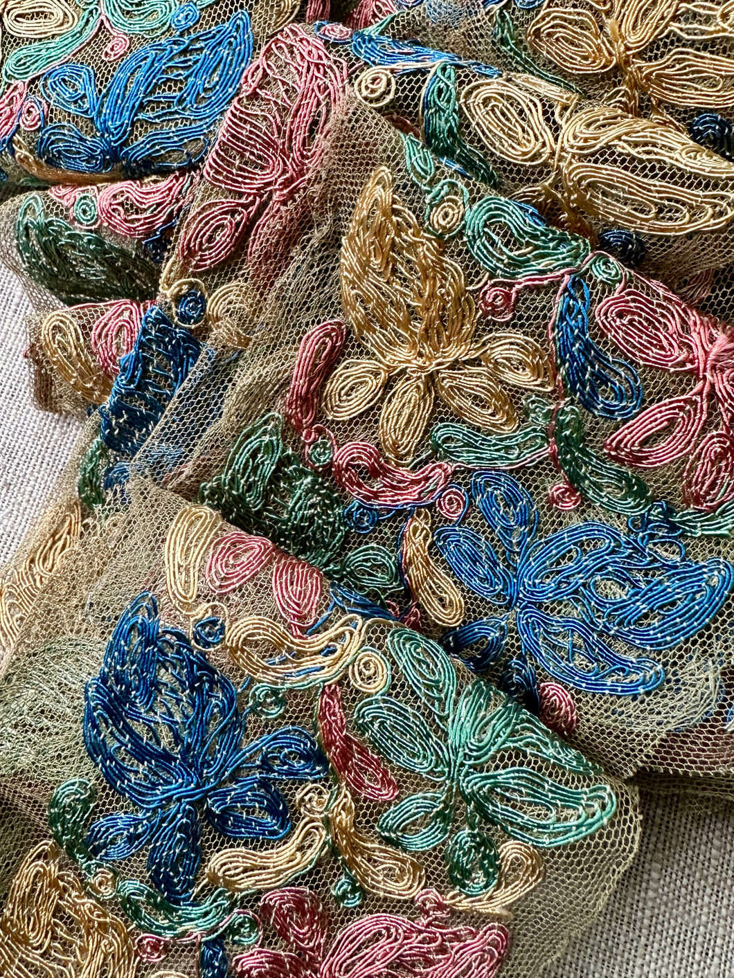 Antique Hand Embroidered Cord on Net