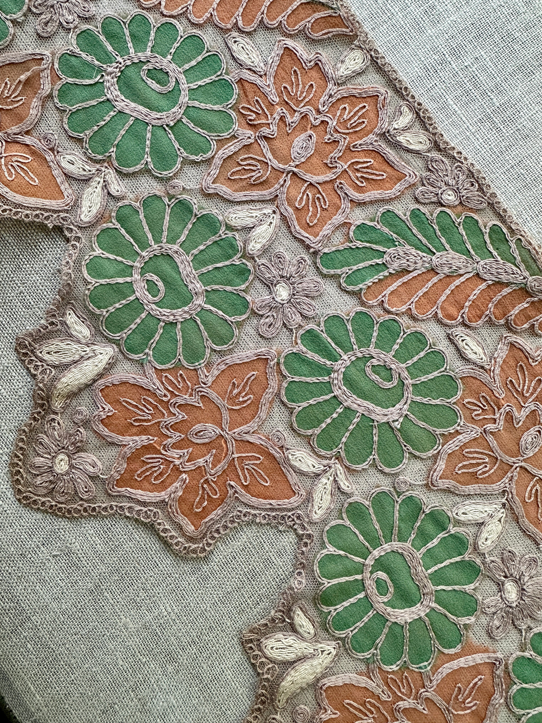 Antique Embroidered Cord on Net Wide Scallops