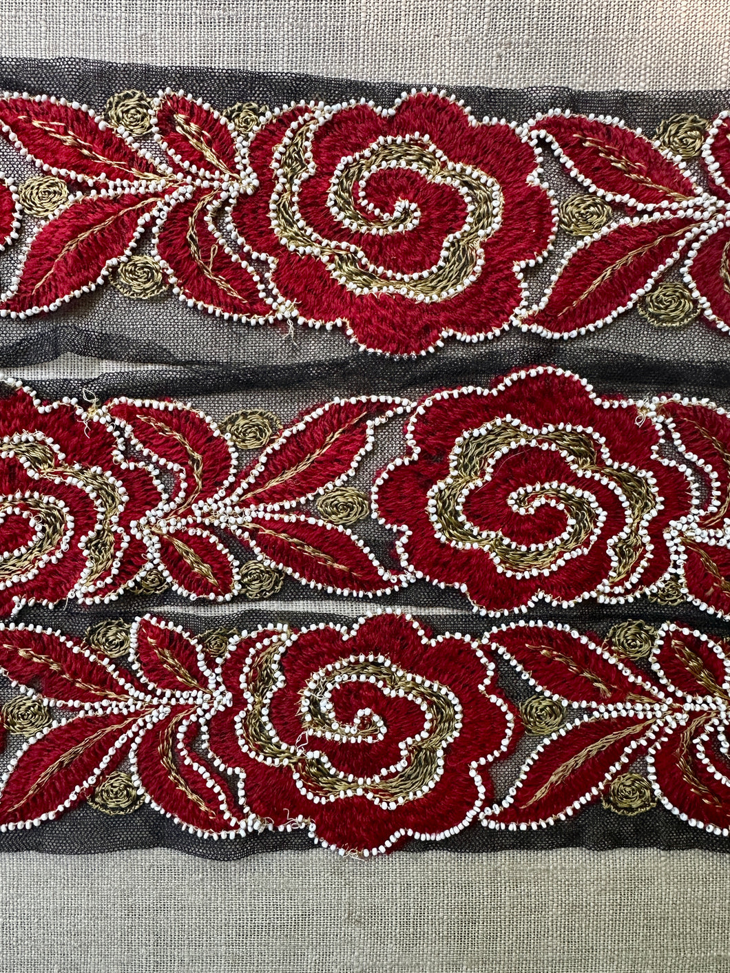 Antique Embroidered Net with Glass Beads