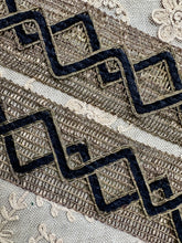 Load image into Gallery viewer, Antique Gold Metal and Chenille Embroidered Trim