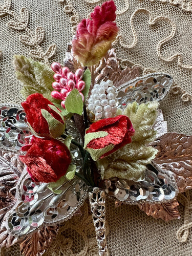 Velvet Rose Bud Pearls and Silver Metallic Corsage