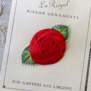 Antique Silk Ribbon Work Rose with Picot Ombre Leaves
