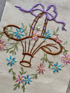 Vintage Hand Embroidered Flower Basket