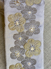 Load image into Gallery viewer, French Brocade Vintage Ribbon in Silver Grey with Golden Cherry Blossoms
