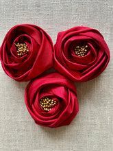 Load image into Gallery viewer, Crimson Silk Rose Ribbon Flower Pin