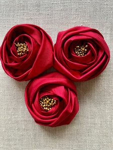Crimson Silk Rose Ribbon Flower Pin