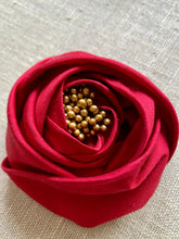 Load image into Gallery viewer, Crimson Silk Rose Ribbon Flower Pin