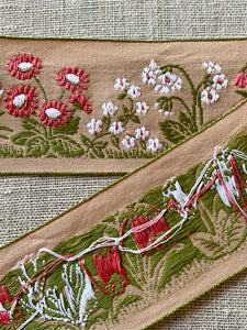 Vintage Woven Floral Ribbon Coral Daisies