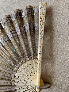Antique French Fan Silver Metal Sequins