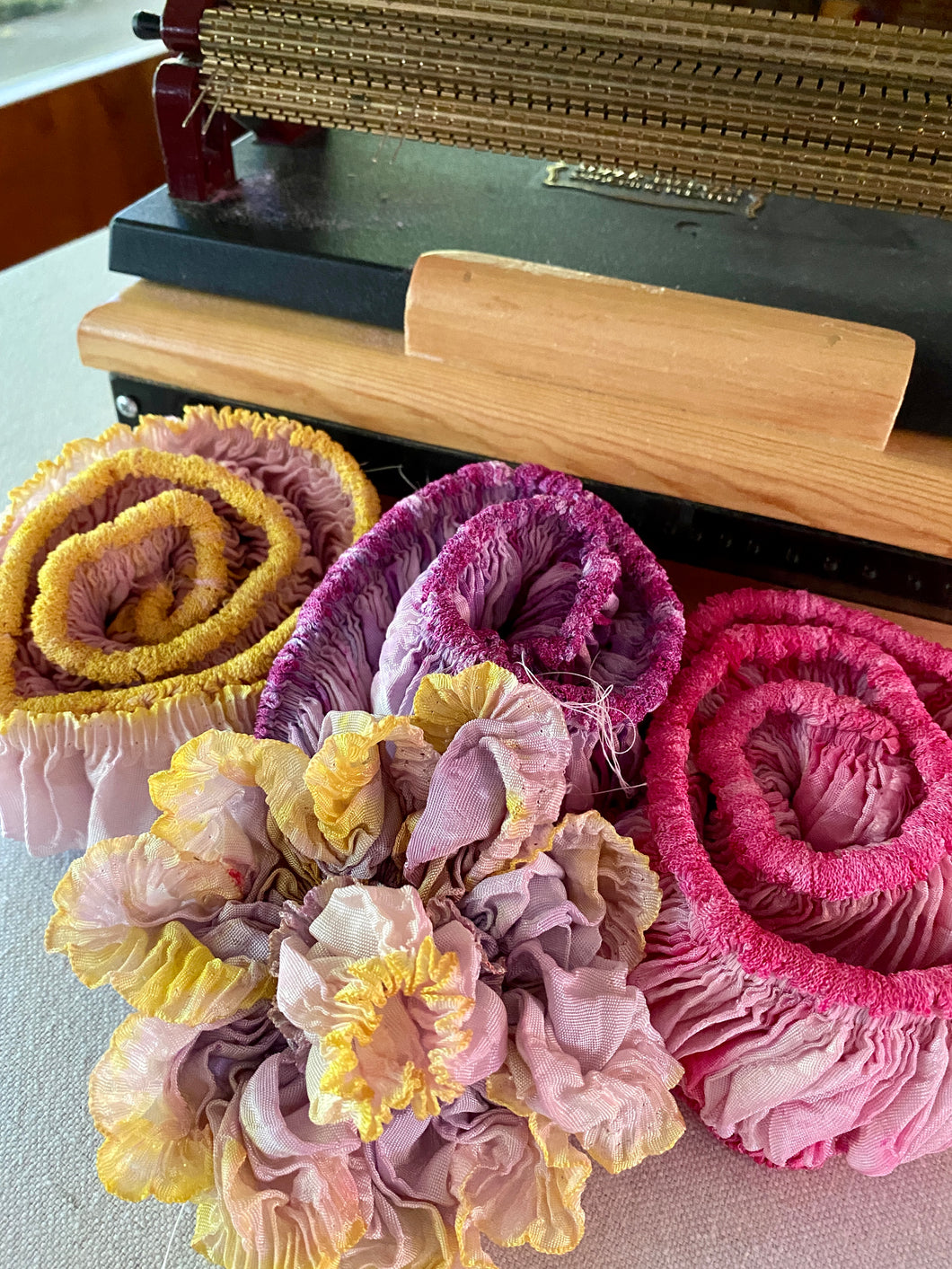 Art Dyed Ruched Ribbons in Three Different Colors