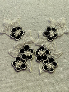 Swiss Embroidered Organza Petaled Black Layered Flowers Lacy Leaves