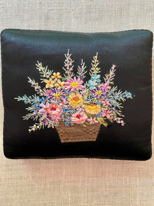Antique Ombre Ribbon Embroidered Black Silk Cushion