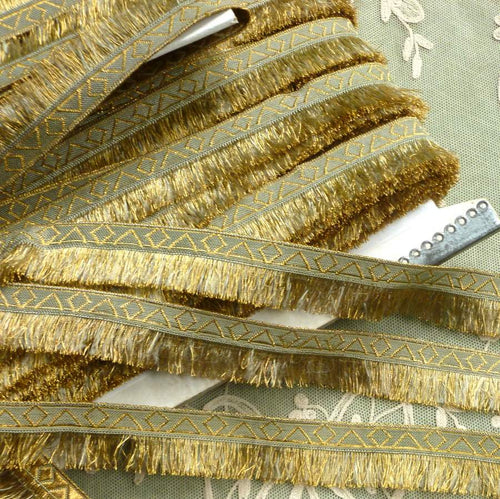 Antique French Gold Metal & Sage Green Woven Trim With Fringe